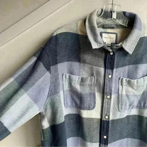 American Eagle Women Oversized Plaid Flannel Cotton Shirt Blue size M - Picture 7 of 10